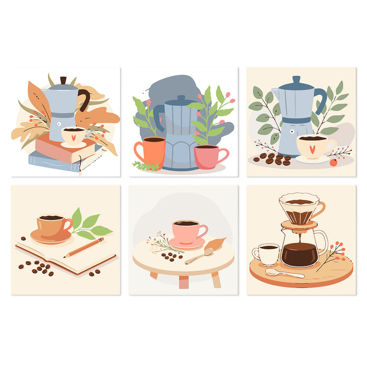 Portable Mini Paint by Numbers Set (6 in) For Kids with coffee maker, coffee cups, coffee beans, pour over brewing and cozy cafe designs