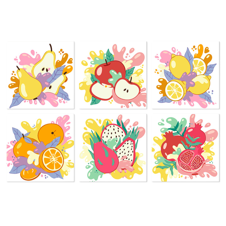 Portable Mini Paint by Numbers Set (6 in) For Kids with colorful fruits, apple, lemon, orange, pear, dragon fruit, pomegranate and splash designs