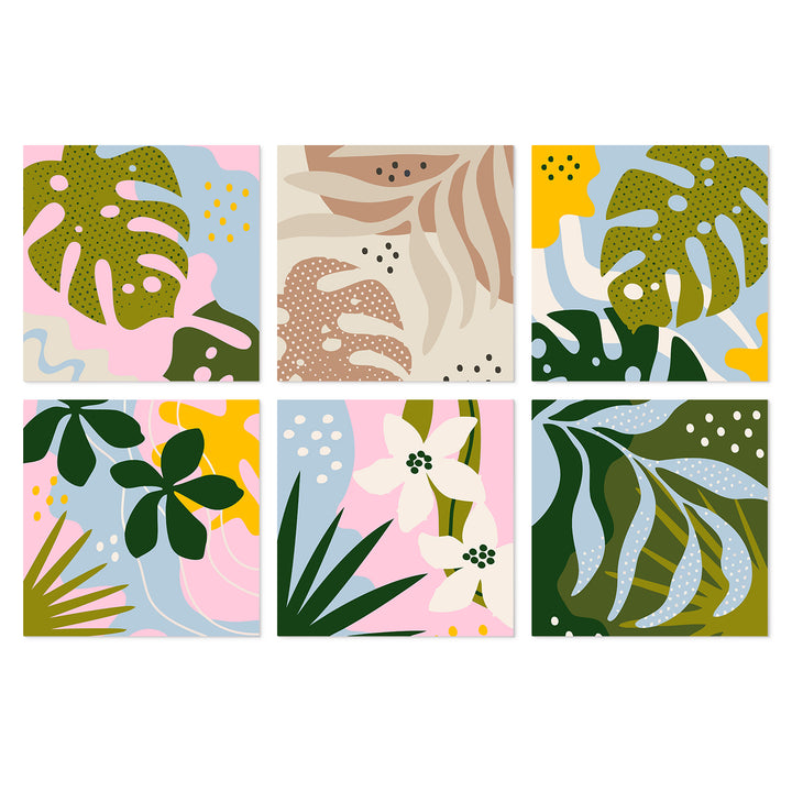 Portable Mini Paint by Numbers Set (6 in) For Kids with abstract tropical leaves, botanical patterns, flowers and modern plant designs