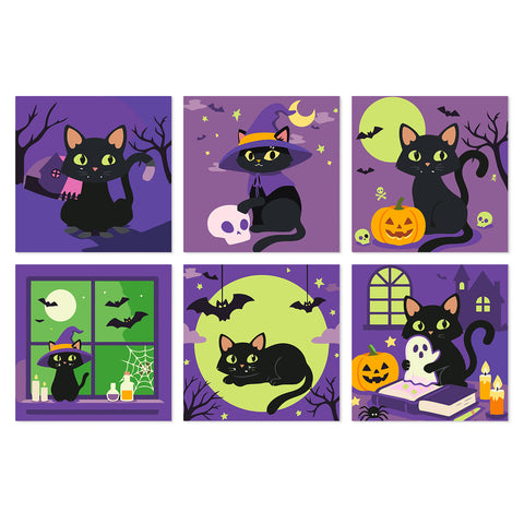 Portable Mini Paint by Numbers Set (6 in) For Kids with black cat, witch hat, pumpkin, ghost, bats and Halloween spooky night designs