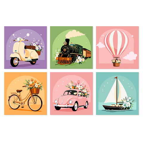 Portable Mini Paint by Numbers Set (6 in) For Kids with vintage scooter, steam train, hot air balloon, bicycle, retro car and sailboat designs