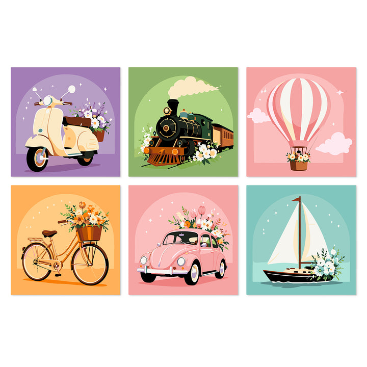 Portable Mini Paint by Numbers Set (6 in) For Kids with vintage scooter, steam train, hot air balloon, bicycle, retro car and sailboat designs