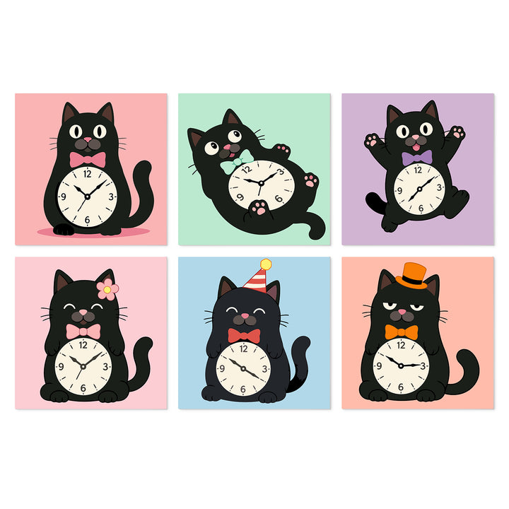 Portable Mini Paint by Numbers Set (6 in) For Kids with cute black cats, clock faces, hats, bow ties, flowers and cartoon character designs