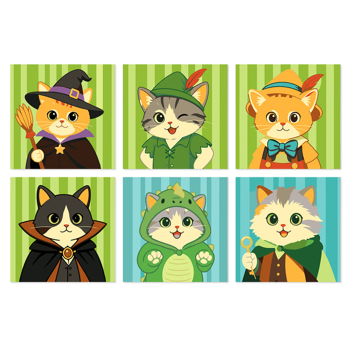 Portable Mini Paint by Numbers Set (6 in) For Kids with witch cat, forest archer, vampire cat, dinosaur costume kitten and colorful fantasy character designs
