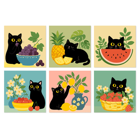 Portable Mini Paint by Numbers Set (6 in) For Kids with black cats, watermelon, pineapple, lemon, strawberry, grape and fruit garden designs