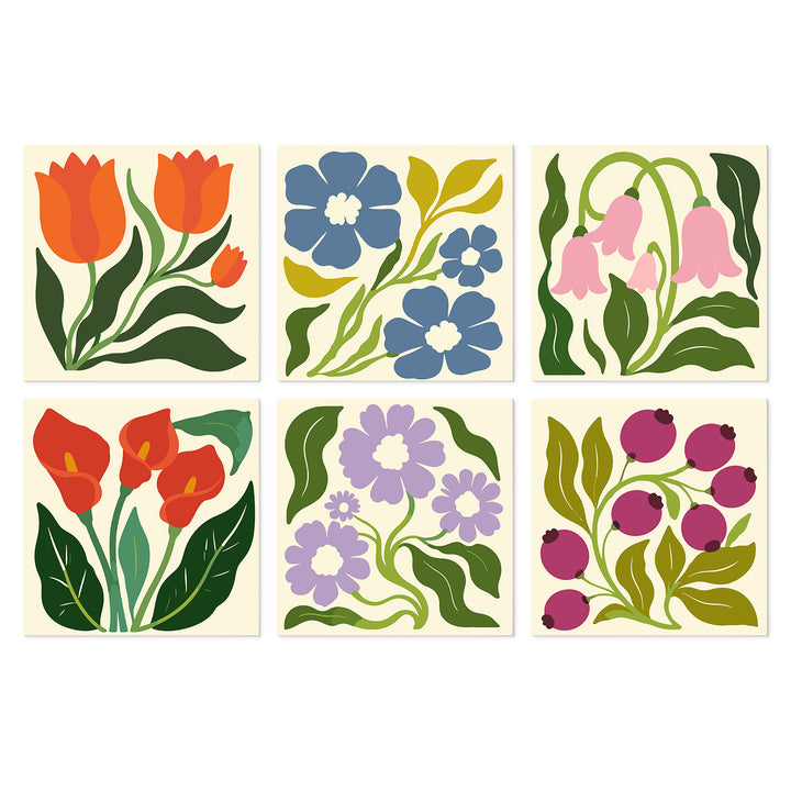 Portable Mini Paint by Numbers Set (6 in) For Kids with minimalist flowers, tulips, botanical leaves, purple blooms and modern floral patterns