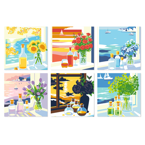 Portable Mini Paint by Numbers Set (6 in) For Kids with coastal ocean views, flower vases, wine bottles, sailing boats and seaside window designs