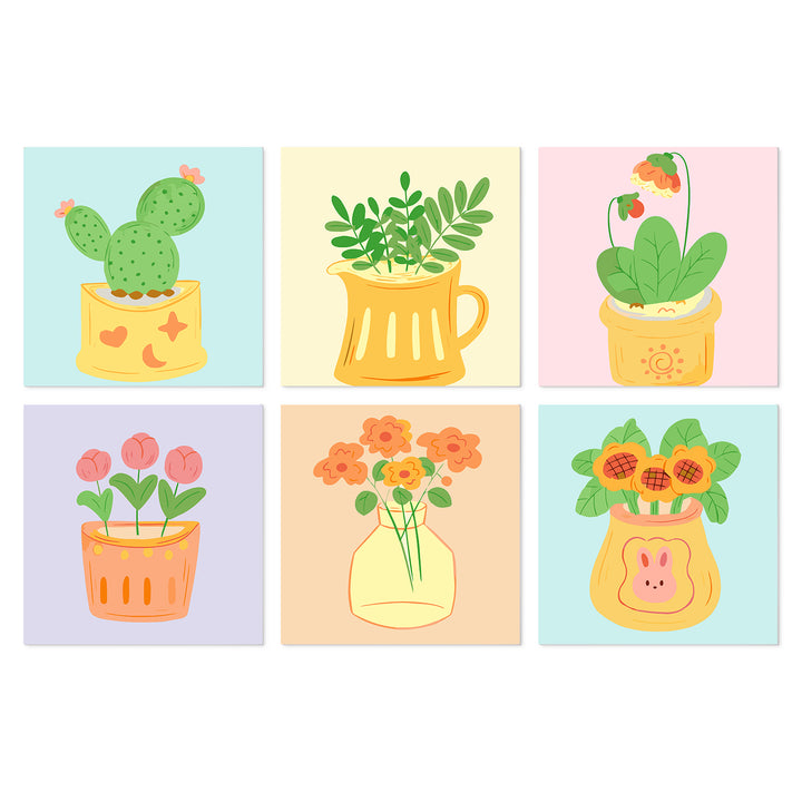 Portable Mini Paint by Numbers Set (6 in) For Kids with cactus pots, flowers, tulips, leafy plants, flower vases and cute botanical designs