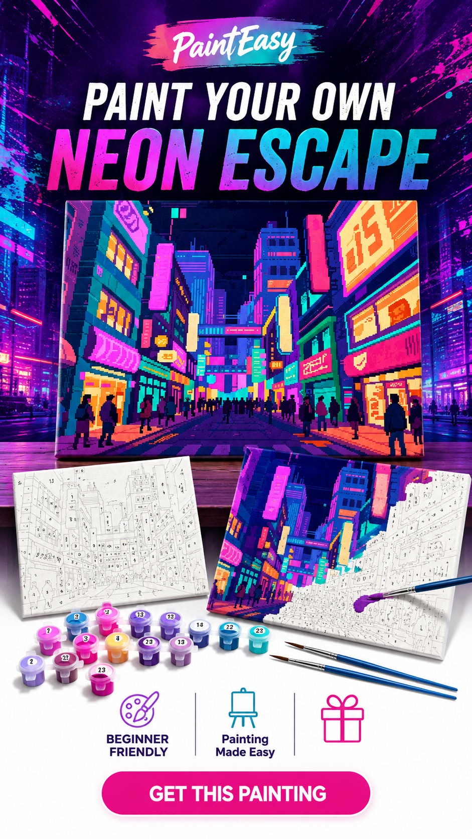 Neon city escape paint-by-numbers kit with vibrant night streets