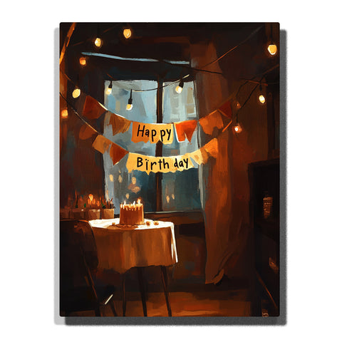 Paint by Numbers Kit – A Cozy Indoor Birthday Scene with a Hand-Painted “Happy Birthday” Banner, Warm String Lights, and a Candlelit Cake by the Window at Night – PaintEasy