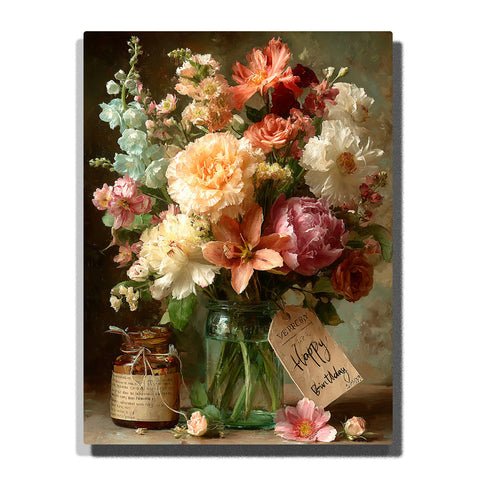 Paint by Numbers Kit – A Vintage Garden Flower Arrangement in a Green Glass Jar with a Handwritten “Happy Birthday” Tag and a Small Preserve Jar in a Warm Classical Still Life Scene – PaintEasy