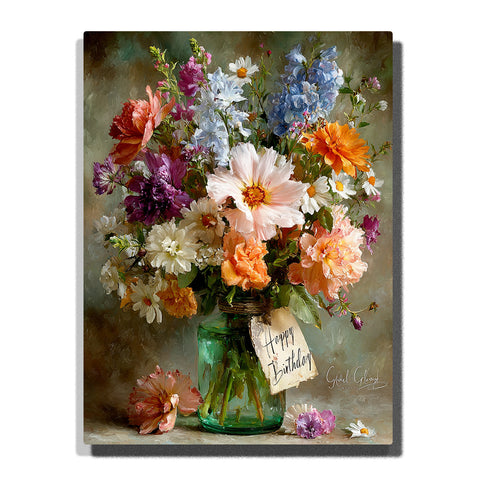 Paint by Numbers Kit – A Full Bloom Garden Bouquet Arranged in a Green Glass Jar with a Soft Handwritten Birthday Tag in a Warm, Painterly Still Life Scene – PaintEasy