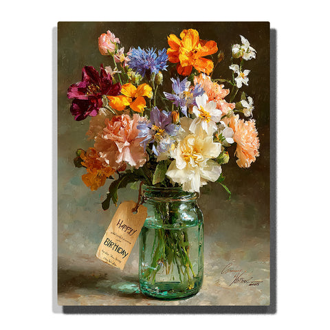 Paint by Numbers Kit – A Luminous Bouquet of Garden Flowers Arranged in a Clear Glass Jar with a Handwritten Birthday Tag in a Quiet, Intimate Setting – PaintEasy