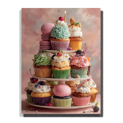 Paint by Numbers Kit – A Tiered Tower of Pastel Cupcakes with Soft Cream Swirls, Delicate Fruits, and a Single Candle in a Quiet Celebration Setting – PaintEasy