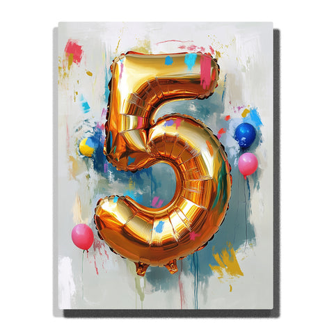 Paint by Numbers Kit – A Large Golden Number Five Balloon Floating Against a Softly Textured Celebration Background with Gentle Color Splashes and Quiet Festive Light – PaintEasy