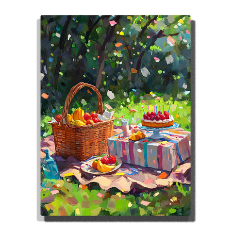 Paint by Numbers Kit – A Relaxed Outdoor Picnic Scene with a Fruit Basket, a Small Cake with Candles, and Soft Sunlight in a Green Garden – PaintEasy