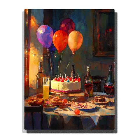 Paint by Numbers Kit – A Warm Interior Still Life with Floating Balloons, a Frosted Cake, Glass Bottles, and Candlelit Tableware in a Painterly Evening Scene – PaintEasy