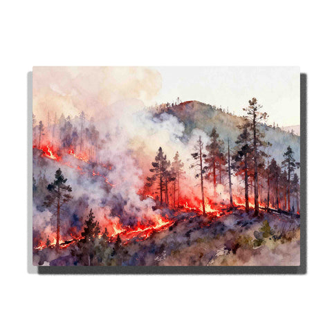 Forest Landscape Paint by Numbers For Adults featuring blazing wildfire through tall pine trees with red orange flames, thick smoke and distant mountain ridge