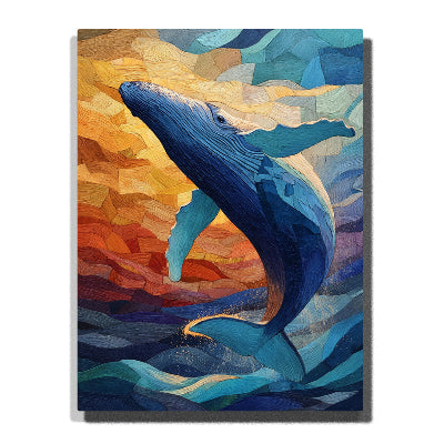 A blue humpback whale swimming through angular ocean waves beneath a warm orange and gold sunset sky in this Paint by Numbers artwork.