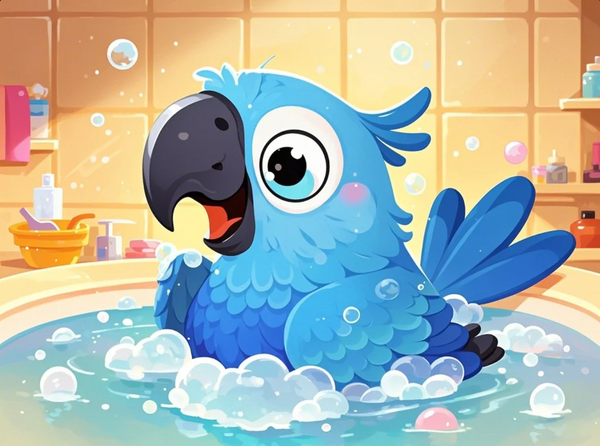 Paint by Numbers：Bubble Bath Fun A Blue Parrot with Big Eyes and a Bright Smile, Playing in Bubbles and Enjoying Bath Time Painting Kit