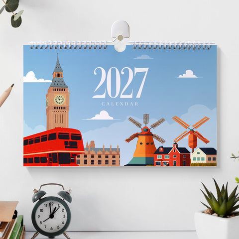 2027 World City Paint by Numbers Calendar For Beginners with 12 monthly artworks featuring Sydney, Paris, London, Japan, Netherlands, Egypt, Toronto and Las Vegas