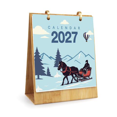 2027 Transportation Paint by Numbers Desk Calendar For Beginners with 12 monthly artworks featuring hot air balloon, tram, train, ferry, bicycle, London bus and steam train