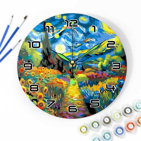 Starry Night inspired landscape wall clock Paint by Numbers Kit with swirling sky, colorful flower fields, silent quartz movement and 25 cm round clock panel by PaintEasy