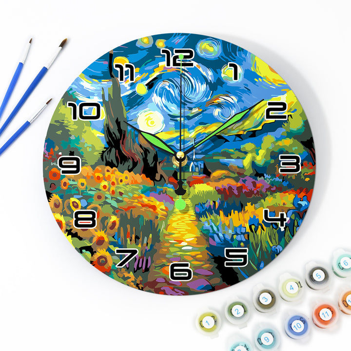 Starry Night inspired landscape wall clock Paint by Numbers Kit with swirling sky, colorful flower fields, silent quartz movement and 25 cm round clock panel by PaintEasy