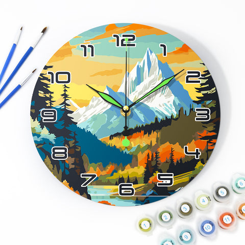 Snow mountain landscape wall clock Paint by Numbers Kit with alpine peaks, autumn forest, river valley, silent quartz movement and 25 cm round clock panel by PaintEasy