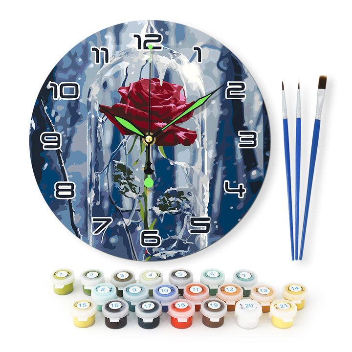 Red rose under glass dome wall clock Paint by Numbers Kit with silent quartz movement, metal clock hands and 25 cm round clock panel by PaintEasy
