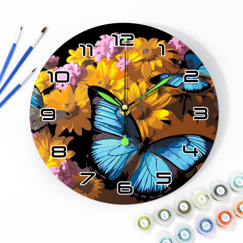 Blue butterfly floral wall clock Paint by Numbers Kit with golden flowers, silent quartz movement, metal clock hands and 25 cm round clock panel by PaintEasy