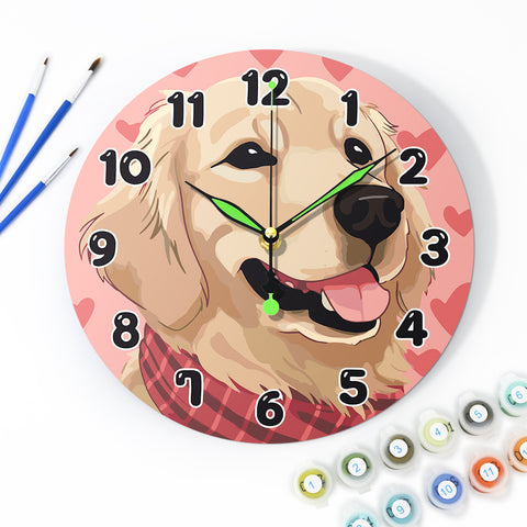 Golden Retriever puppy wall clock Paint by Numbers Kit with heart background, silent quartz movement, metal clock hands and 25 cm round clock panel by PaintEasy