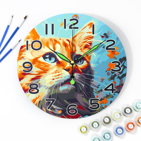 Blue-eyed orange kitten wall clock Paint by Numbers Kit with colorful artistic background, silent quartz movement, metal clock hands and 25 cm round clock panel by PaintEasy