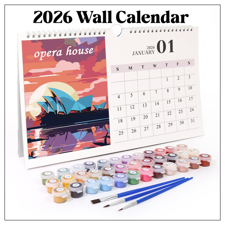 2026 wall calendar paint by numbers set featuring illustrated city landmarks including Paris Eiffel Tower, London Big Ben, Tokyo, Rome Colosseum, Egypt pyramids, Netherlands windmills, Moscow skyline, Berlin architecture, Madrid buildings, and other global travel destinations, arranged in a clean flat illustration style.