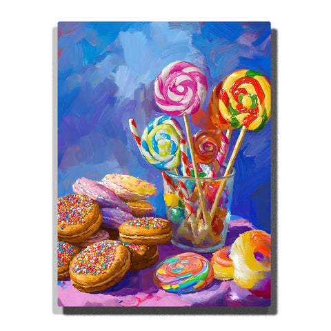 Paint by Numbers Kit – A Colorful Still Life of Swirled Lollipops, Frosted Cookies, and Layered Candy Textures on a Painterly Blue Background – PaintEasy