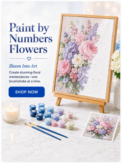 Floral paint-by-numbers kit featuring a soft pink bouquet