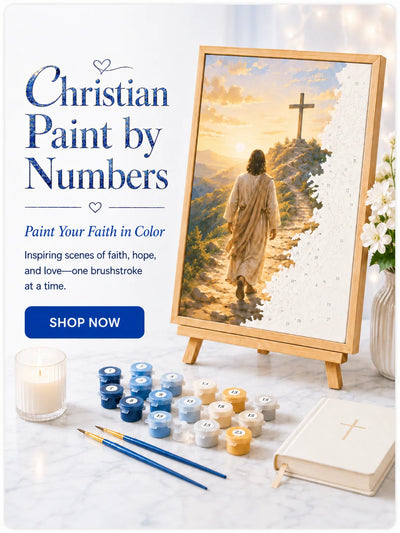 Christian paint-by-numbers kit featuring a cross in a golden landscape