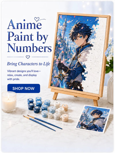 Anime character paint-by-numbers kit in vivid blue tones