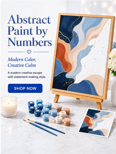 Abstract paint-by-numbers kit with flowing blue, orange, and beige shapes