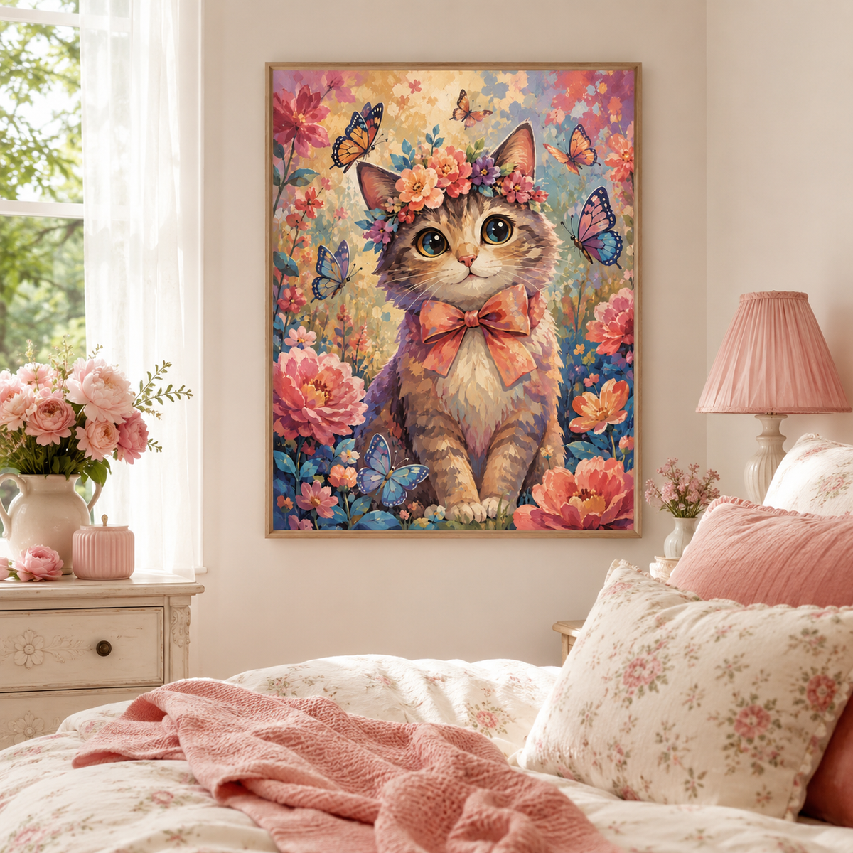 Flower Crown Cat and Butterflies finished artwork preview