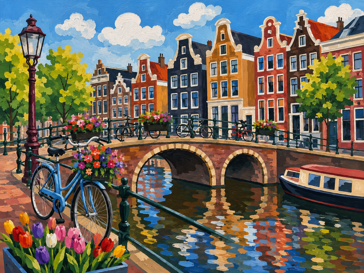 Amsterdam canal with bicycles, flowers and narrow houses