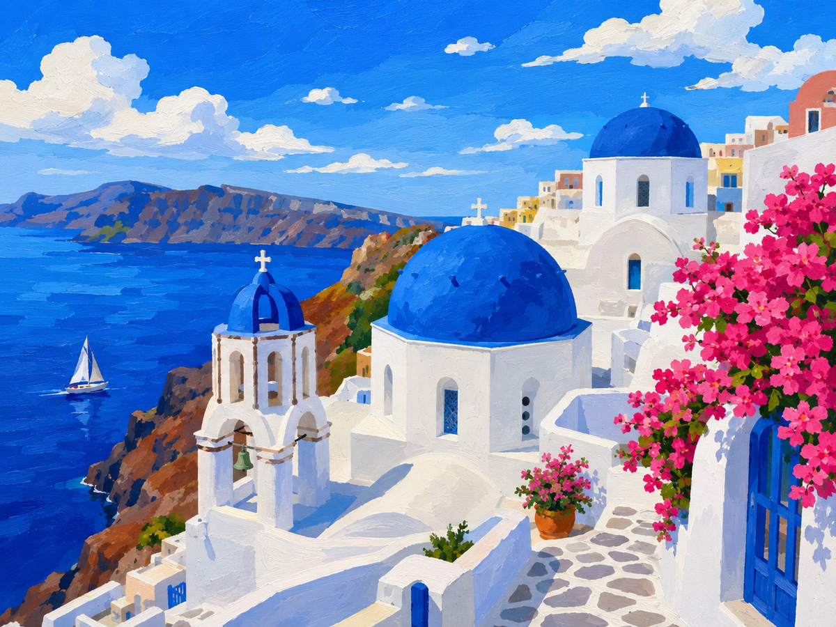 Blue-domed Santorini church overlooking the Aegean Sea