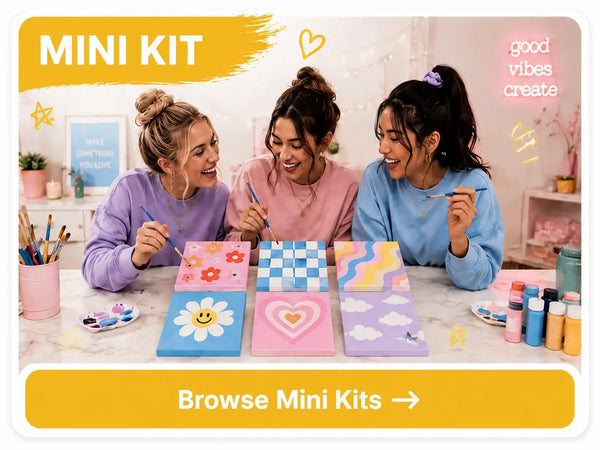 Three friends painting colorful mini canvases for a PaintEasy mini kit promotion