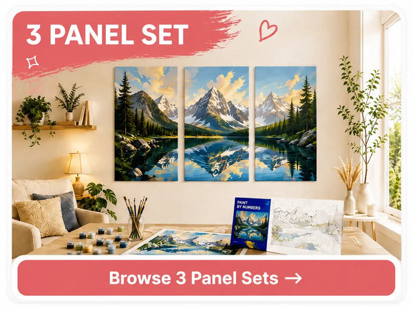 Three-panel mountain lake landscape displayed in a living room