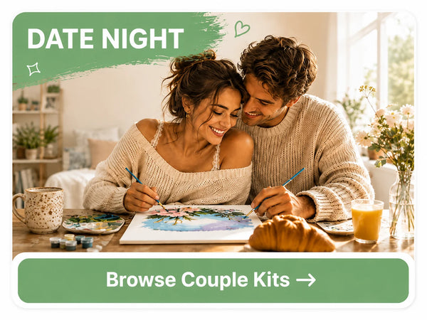 Couple enjoying a paint-by-numbers date night at home
