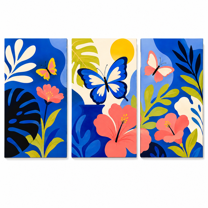 Paint by numbers triptych featuring colorful blue butterflies, coral hibiscus flowers, and tropical leaves in vibrant blue, yellow, green, and pink tones.