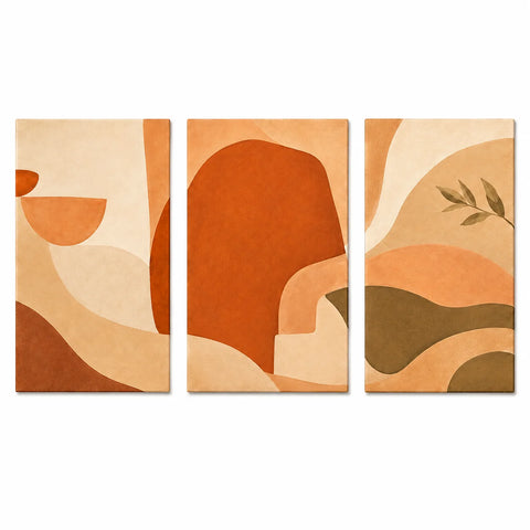 Paint by numbers triptych featuring minimalist abstract shapes in warm terracotta, burnt orange, beige, cream, and earthy brown tones with a subtle botanical leaf accent.