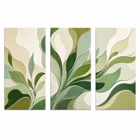Paint by numbers triptych featuring flowing abstract botanical leaves in layered sage green, olive, cream, and soft neutral tones, creating minimalist modern wall art.