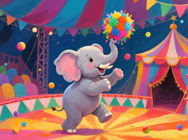 Paint by Numbers：Circus Star Happy Little Elephant Performance, An Adorable Little Elephant on a Brilliant Circus Stage Balancing a Colorful Ball with Its Trunk, Bringing Joy and Surprise DIY