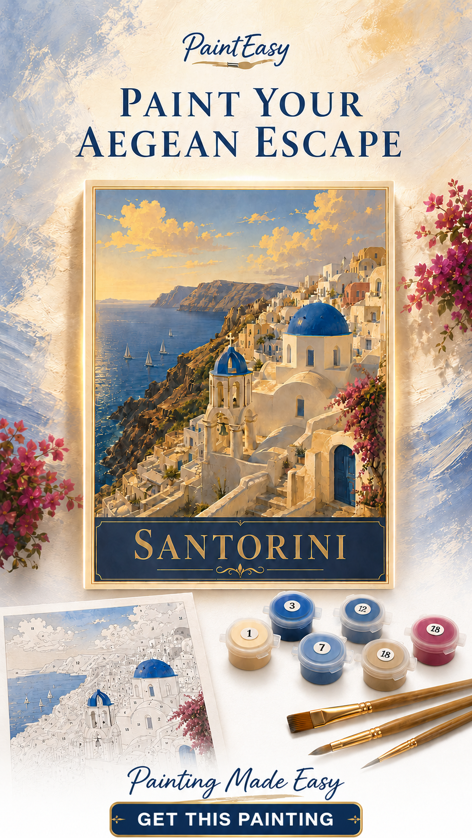 Santorini Aegean village paint-by-numbers kit